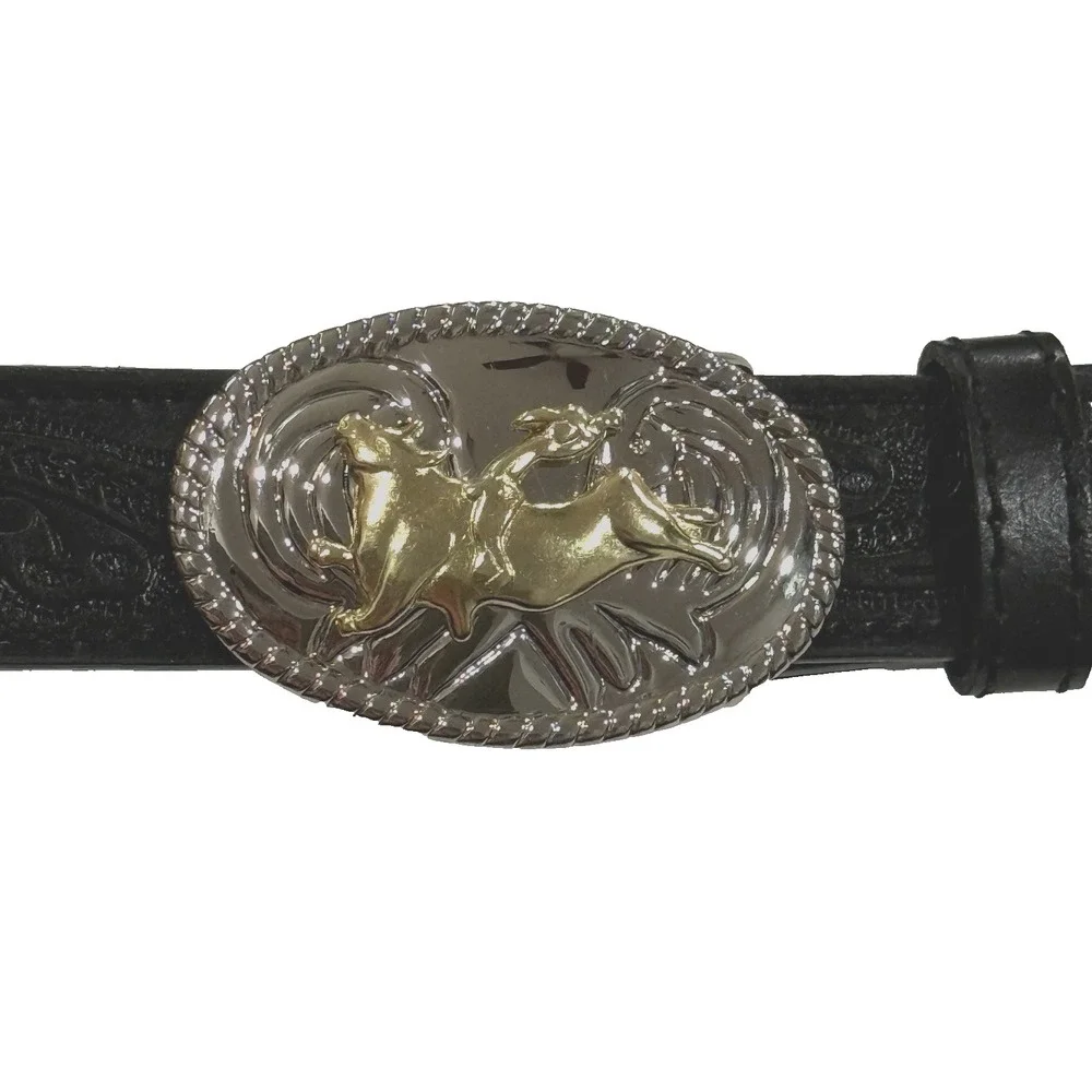 Nocona Western Cowboy Leather Belt Boy 28 Rodeo Bull Rider Buckle Black Tooled